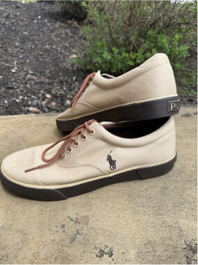 Vintage Polo Ralph Lauren Tan Canvas Brown Logo Sneaker Size 10D